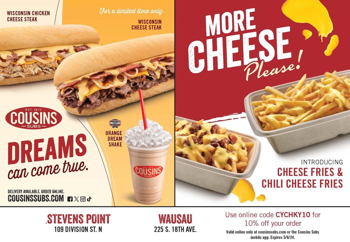 Cousins Subs has new, exciting flavors! All Cyclones fans can use code CYCHKY10 for 10% off an online order at cousinssubs.com or the Cousins Subs mobile app through 5/6/24. Stop by Cousins Subs of Wausau or Stevens Point today!”