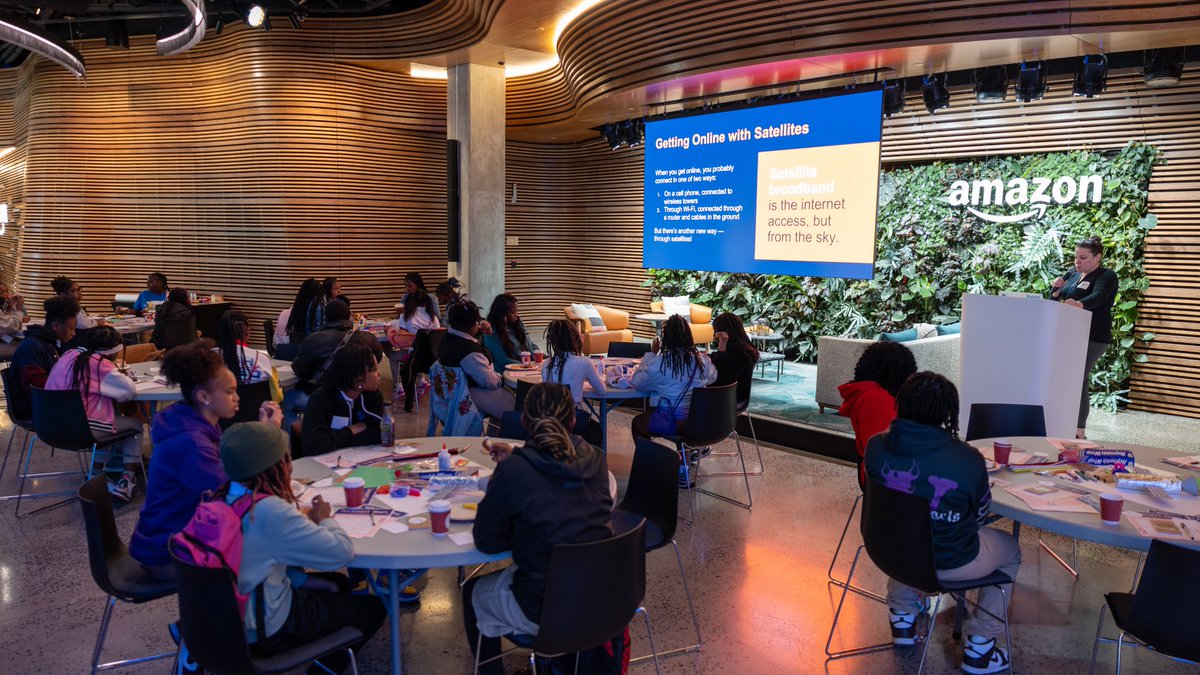 amazon_policy's tweet photo. To celebrate @ITU’s International #GirlsinICT Day, we're hosting students from Excel Academy in DC at #HQ2. The students are participating in an engineering project and hearing about careers from @Amazon women like Julie Zoller working on Project Kuiper, the low Earth orbit (LEO) satellite constellation that will provide fast, affordable broadband to unserved and underserved communities. #WomenInSTEM