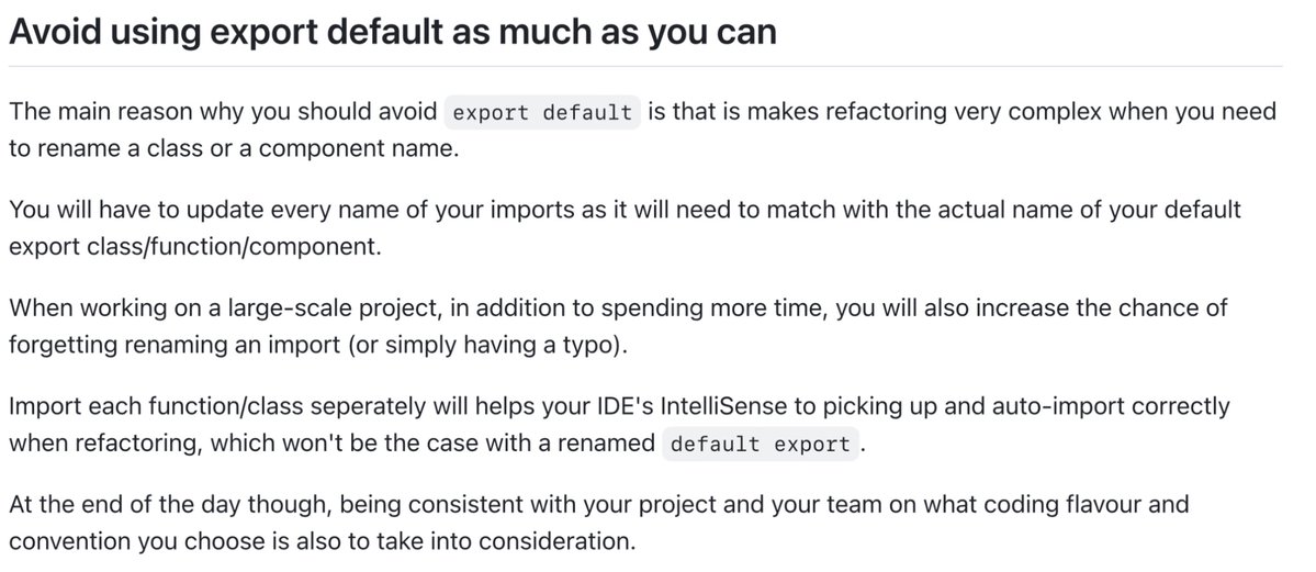 In #JavaScript, reasons why you should avoid using export default as much as you can? 💪

👉 github.com/pH-7/GoodJsCod…

#cleancode #refactoring #programming #goodpractice #softwaredevelopment