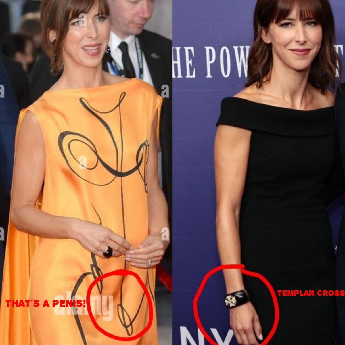aeltrileaf's tweet photo. @Prolotario1 Also #SophieHunter @SophieIreneC who calls herself "divine" (as in #Androgyne), wore a dress with a silkscreened schlong and whose name literally means "Peace of #Baphomet". Her alias in the #Dubai circuit is "Noor Nasser", probably because she's an #Illuminati Sister of Light. https://t.co/It9wzT9XPH