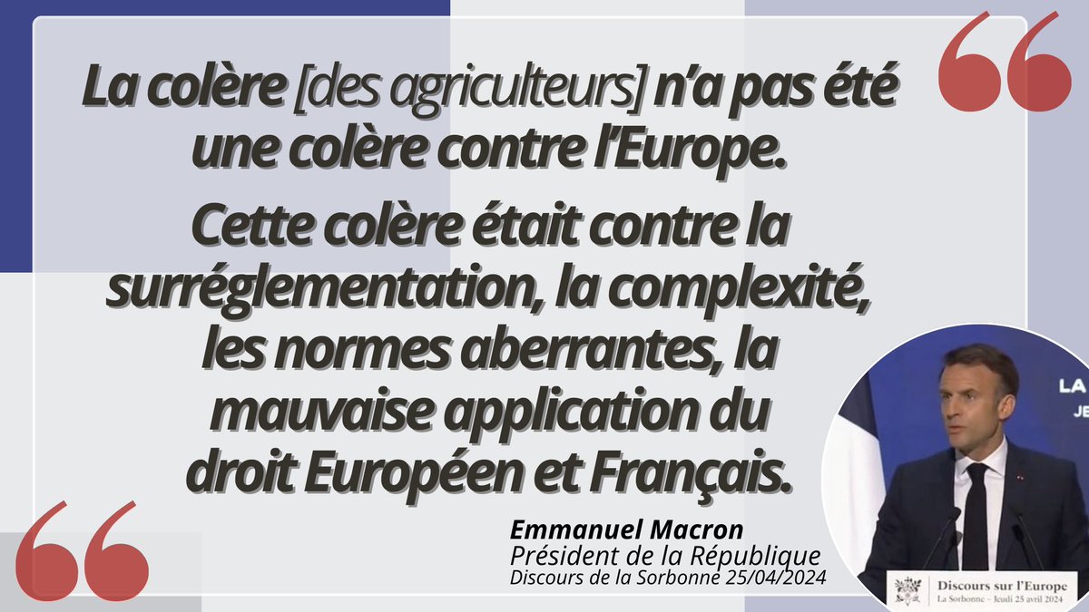 🗣️ Discours sur l'Europe d' <a href="/EmmanuelMacron/">Emmanuel Macron</a> Président de la République | 🚜🇪🇺 Les #agricultrices et #agriculteurs représentés par la <a href="/FNSEA/">La FNSEA</a> attendent de l'Europe un vrai changement de logiciel pour retrouver le cap de la #souveraineté agricole et alimentaire dans les politiques