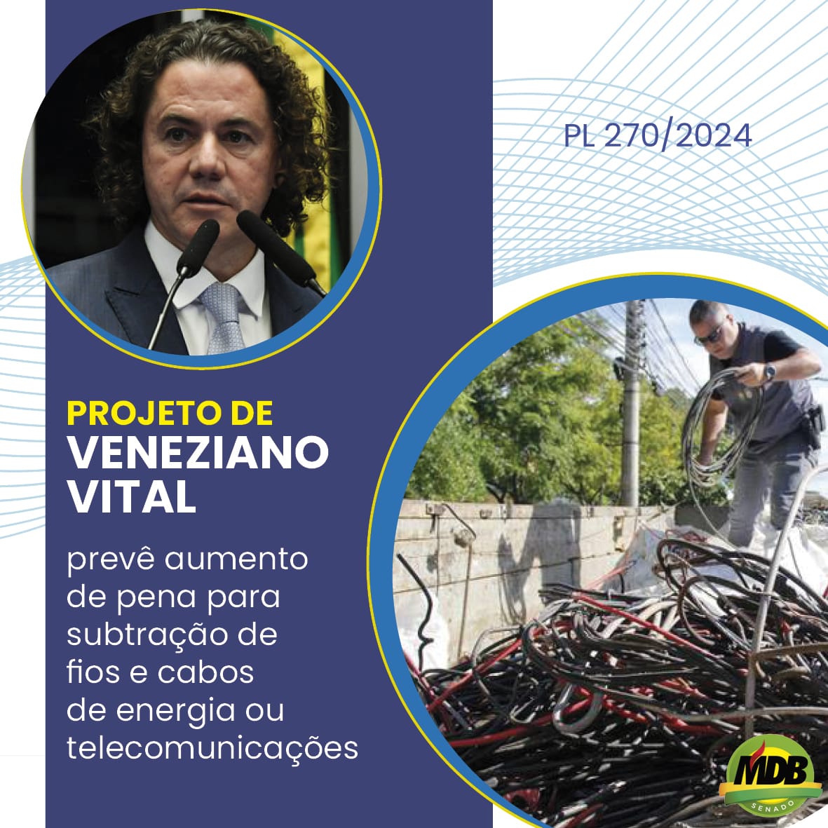 O senador @VenezianoVital  apresentou o PL 270/2024 para aumentar as penas dos crimes que envolvam a subtração de fios, cabos ou equipamentos utilizados para o serviço de energia ou de telecomunicações e conferir prioridade de tramitação dos processos que apurem tais crimes.