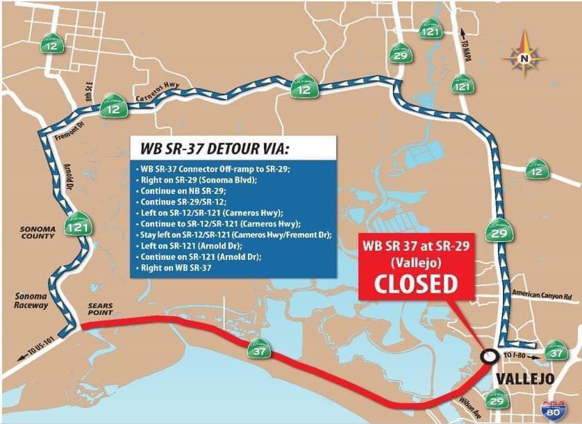 Reminder: WB SR-37 from SR-29 in Vallejo to SR-121 in Sonoma, closes Fri, 4/26 at 9pm until Mon, 4/29 at 4am. EB closures start next weekend. Plan for delays! Updates: bit.ly/3UGGlIw. Questions? Call (510) 286-0319 or visit 37pave.com. #sr37pave