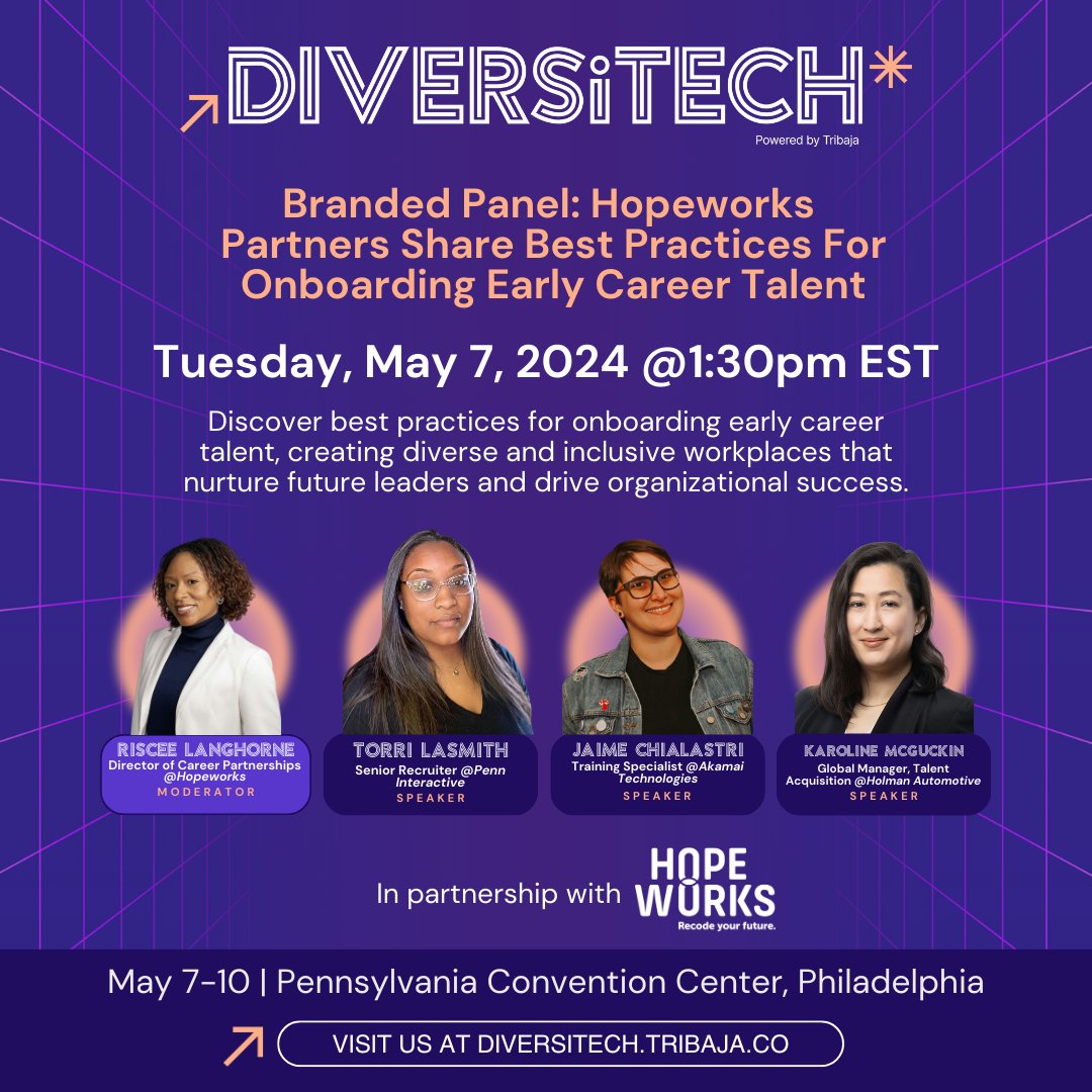 hopeworkscamden's tweet image. Check out this amazing panel at #Diversitech 2024

Join us in front of an inclusive audience consisting of tech communities, entrepreneurs, professionals, and workplaces from around the globe.

Tickets at zurl.co/djV9

Thank you @Tribaja.co 

#TechInclusion