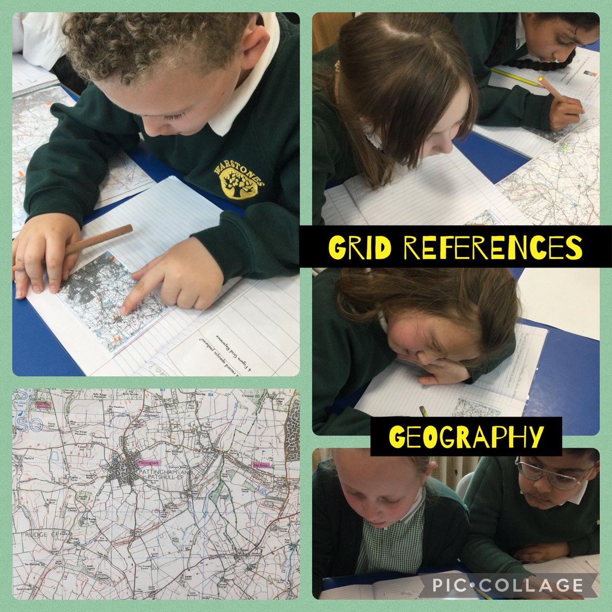 Today the children were learning how to use four figure grid references on an ordnance survey map to locate places of interest or geographical features! 🕵️‍♂️🌍 #Year3 #Geography #OrdnanceSurveyMap #GridReferences @WarstonesP