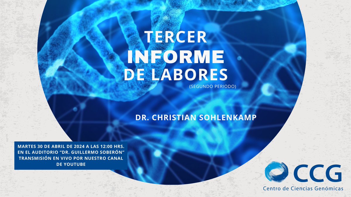 Les invitamos al Tercer Informe de Labores (segundo periodo) de nuestro director, el Dr. Christian Sohlenkamp. La cita es el próximo martes a las 12:00 horas en nuestro auditorio. Entrada libre.