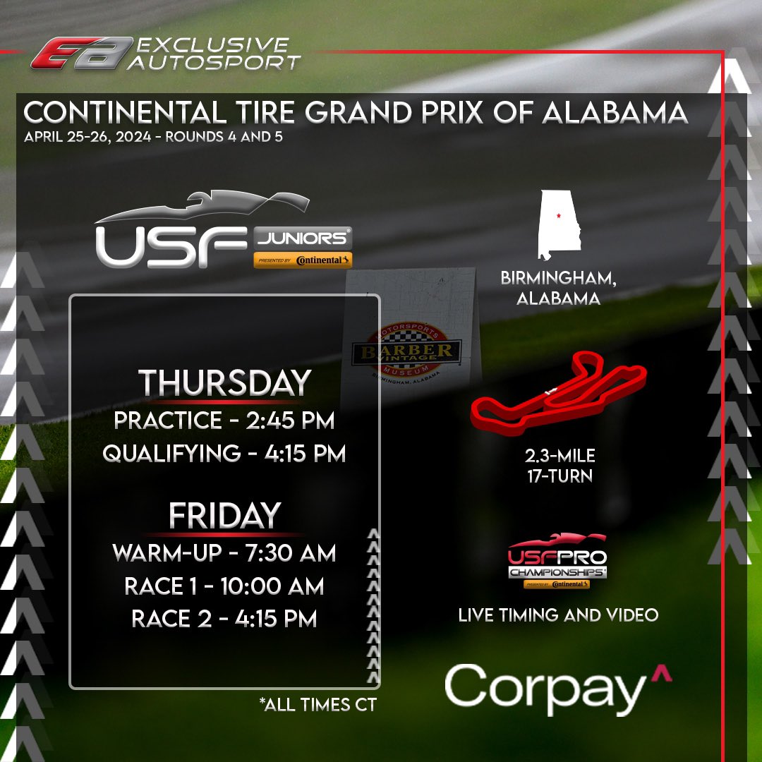 Good morning from the roller coaster in Alabama! It’s time for the USF Juniors to shine! Follow this schedule for all the on-track action the next two days.

#USFPro // #EhTeam // #CorpayFX // @CorpayFX // #INDYBHM