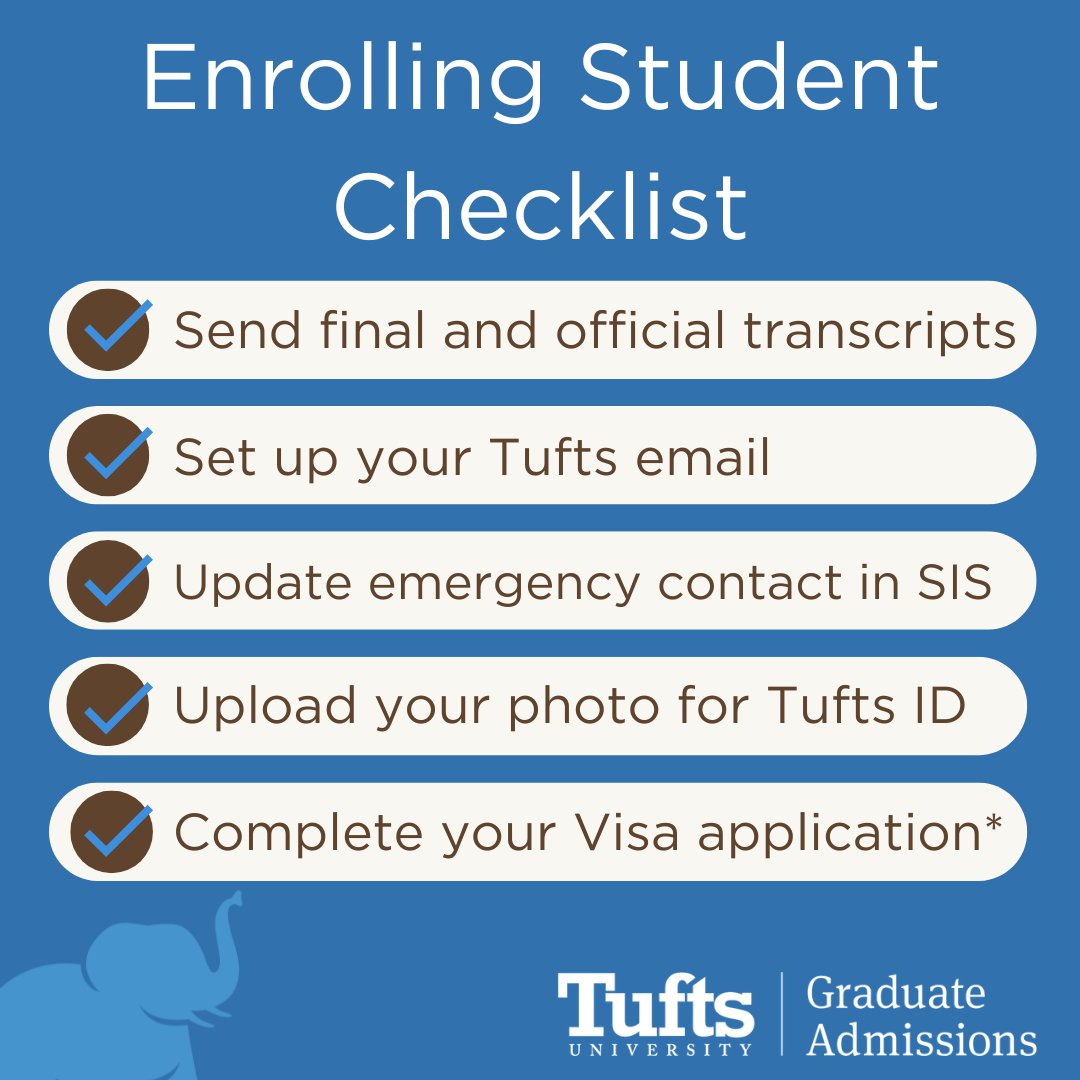Calling all enrolling students 🐘 Make sure you log into your application portal to monitor your Enrolling Student Checklist. Have questions? DM us or email us at gradadmissions@tufts.edu. 

#tufts #gradschool #gradstudent #phd #masters #checklist #portal #application #admit