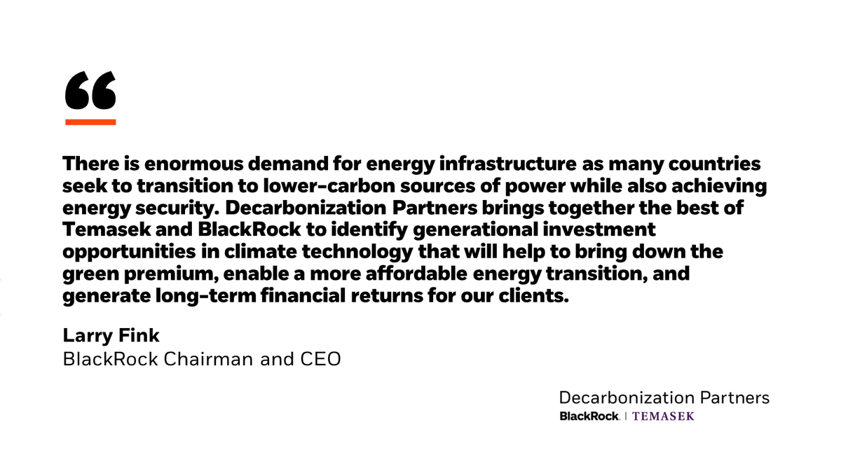 BlackRock and @Temasek are proud to announce that Decarbonization Partners has closed its inaugural fund at $1.40bn in capital commitments, exceeding its $1bn target. Read the full press release here: bit.ly/3UfkLJ9