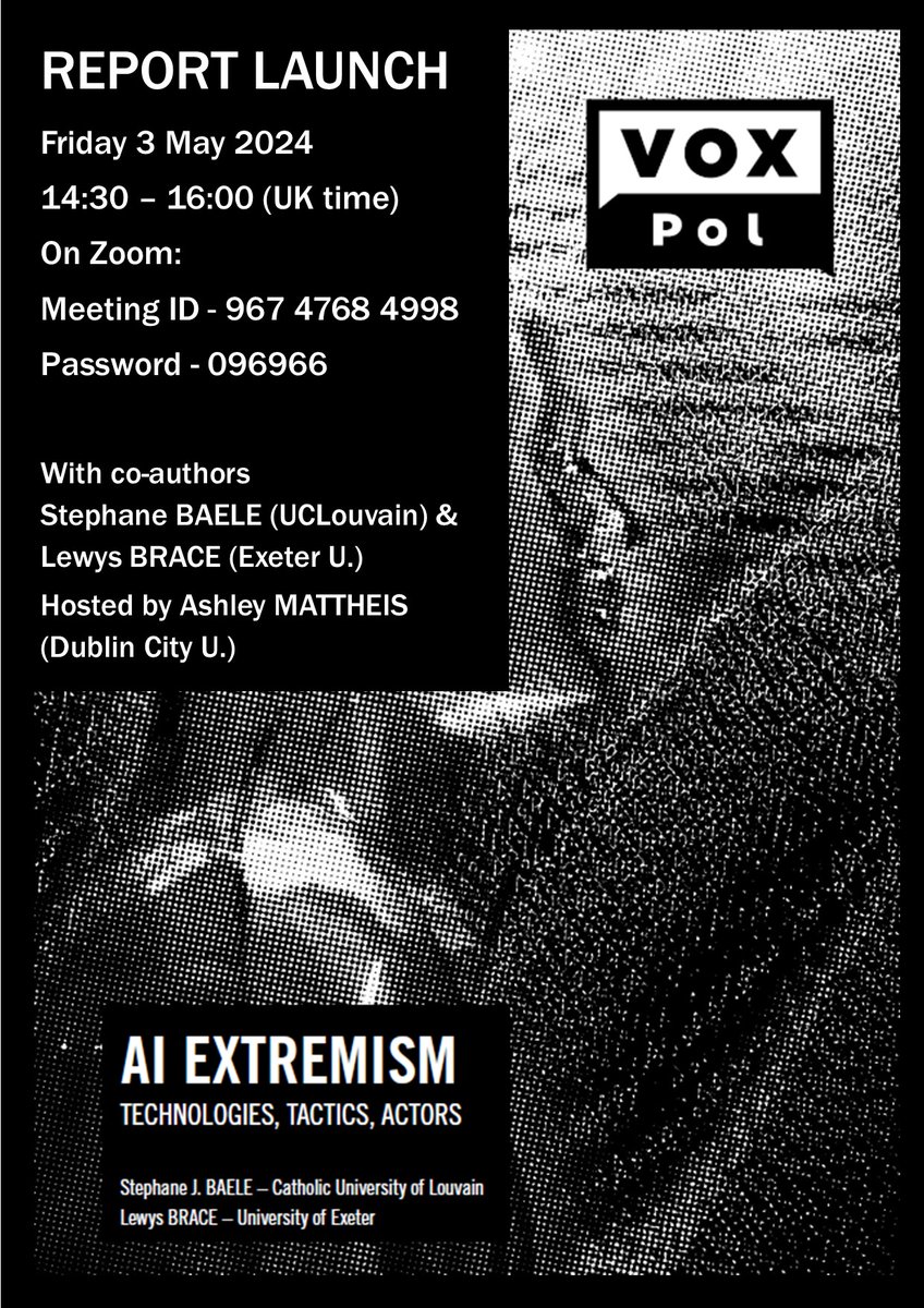 Happy to say that our open-source report on #AI and #extremism is now available online: voxpol.eu/wp-content/upl…. Please join @StephaneBaele, @aamattheis, and myself on 03/05/2024 1430-1600 for our report launch event where we'll be discussing this timely issue. Details below.