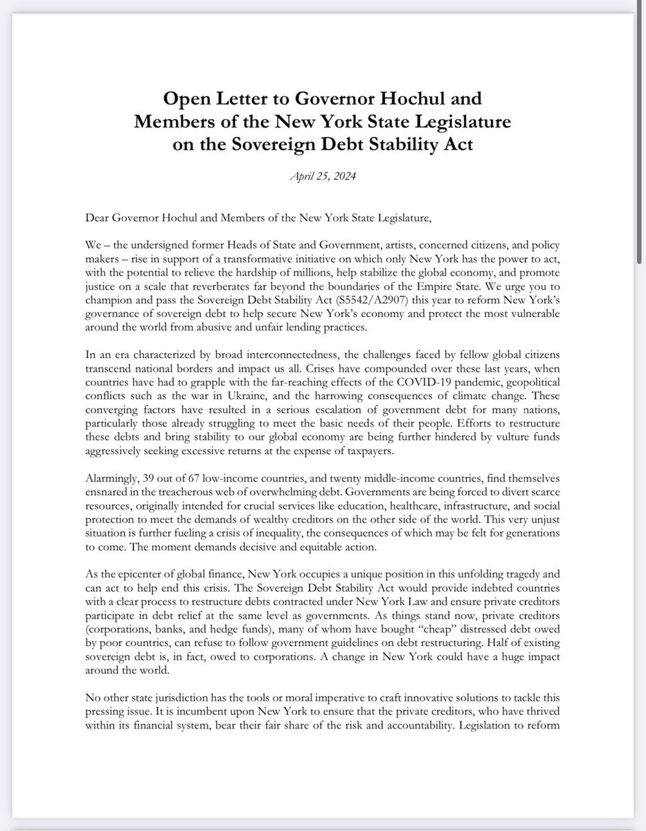 This is big! 65 heads of state and major world leaders just sent an open letter to @GovKathyHochul @CarlHeastie @AndreaSCousins urging New York to pass the Sovereign Debt Stability Act! oxf.am/4aQ0qkD