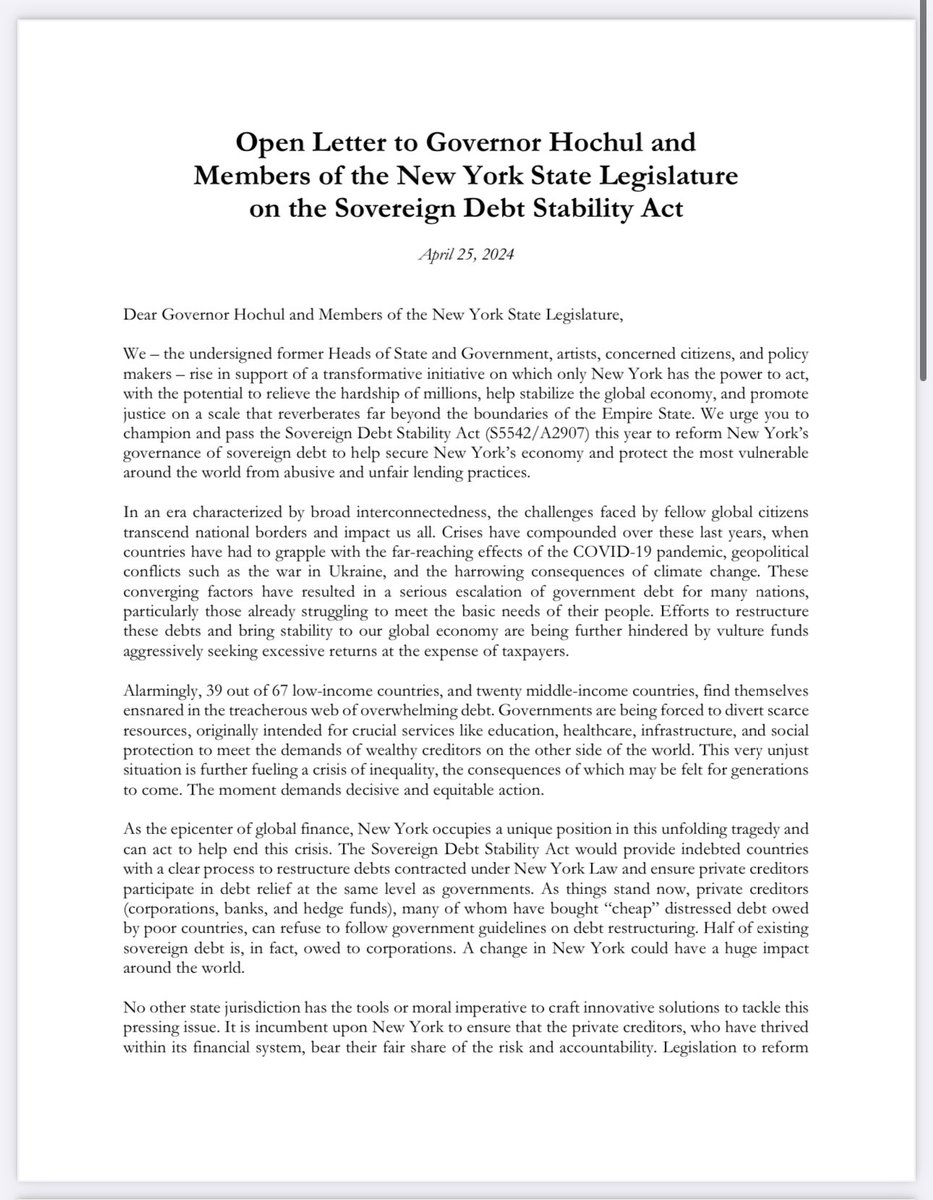 This is big! 65 heads of state and major world leaders just sent an open letter to <a href="/GovKathyHochul/">Governor Kathy Hochul</a> @CarlHeastie <a href="/AndreaSCousins/">Sen. Stewart-Cousins</a> urging New York to pass the Sovereign Debt Stability Act! oxf.am/4aQ0qkD