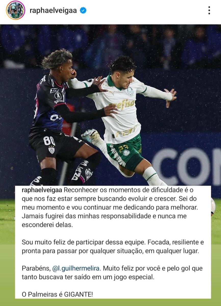 Raphael Veiga fez uma publicação falando sobre sua má fase após a vitória do Palmeiras sobre o Independiente del Valle. 📸 Reprodução