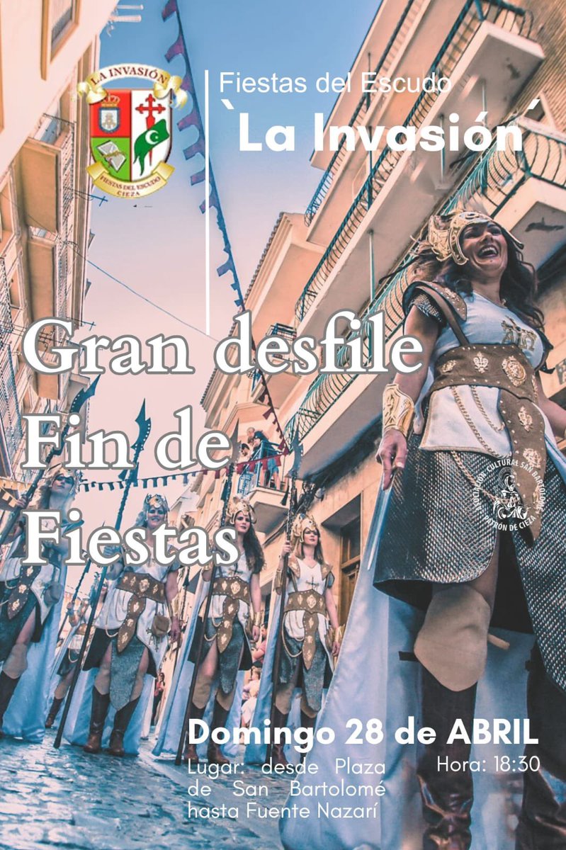 ¡Sumérgete en la magia y el esplendor del gran desfile de clausura de las Fiestas del Escudo ‘La Invasión’ de Cieza 2024! 

Acompáñanos el próximo domingo 28 de abril a las 18:30 horas y déjate llevar por la emoción de esta celebración inolvidable.