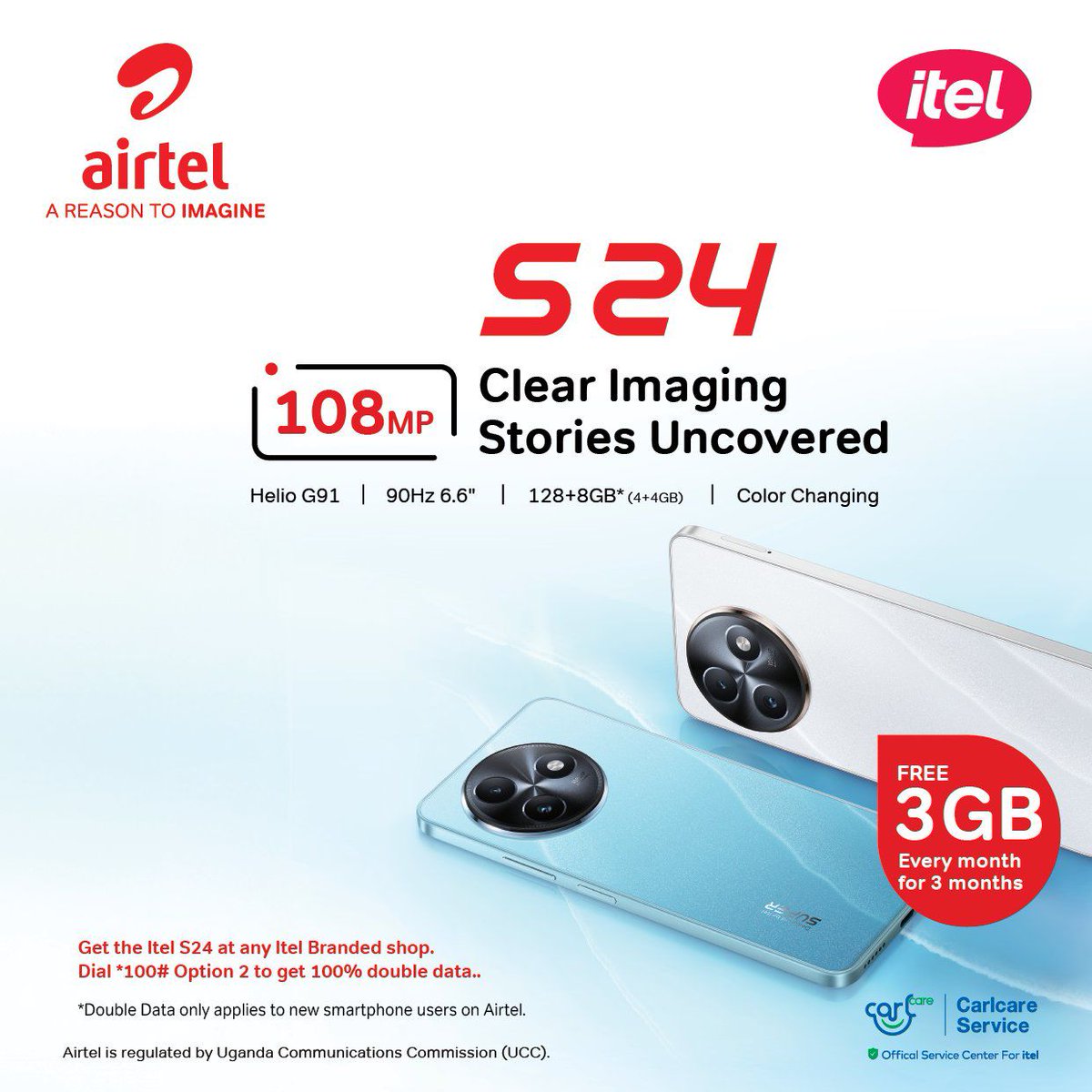 Great news coming from @Airtel_Ug , purchase an #itelS24 from any of the @iteluganda banded shops and enjoy amazing deals like 3GB every month for 3 months and 100% double data from Airtel. 

Dial *100# select option 2 to activate the #Doubledata
#AirtelXItel