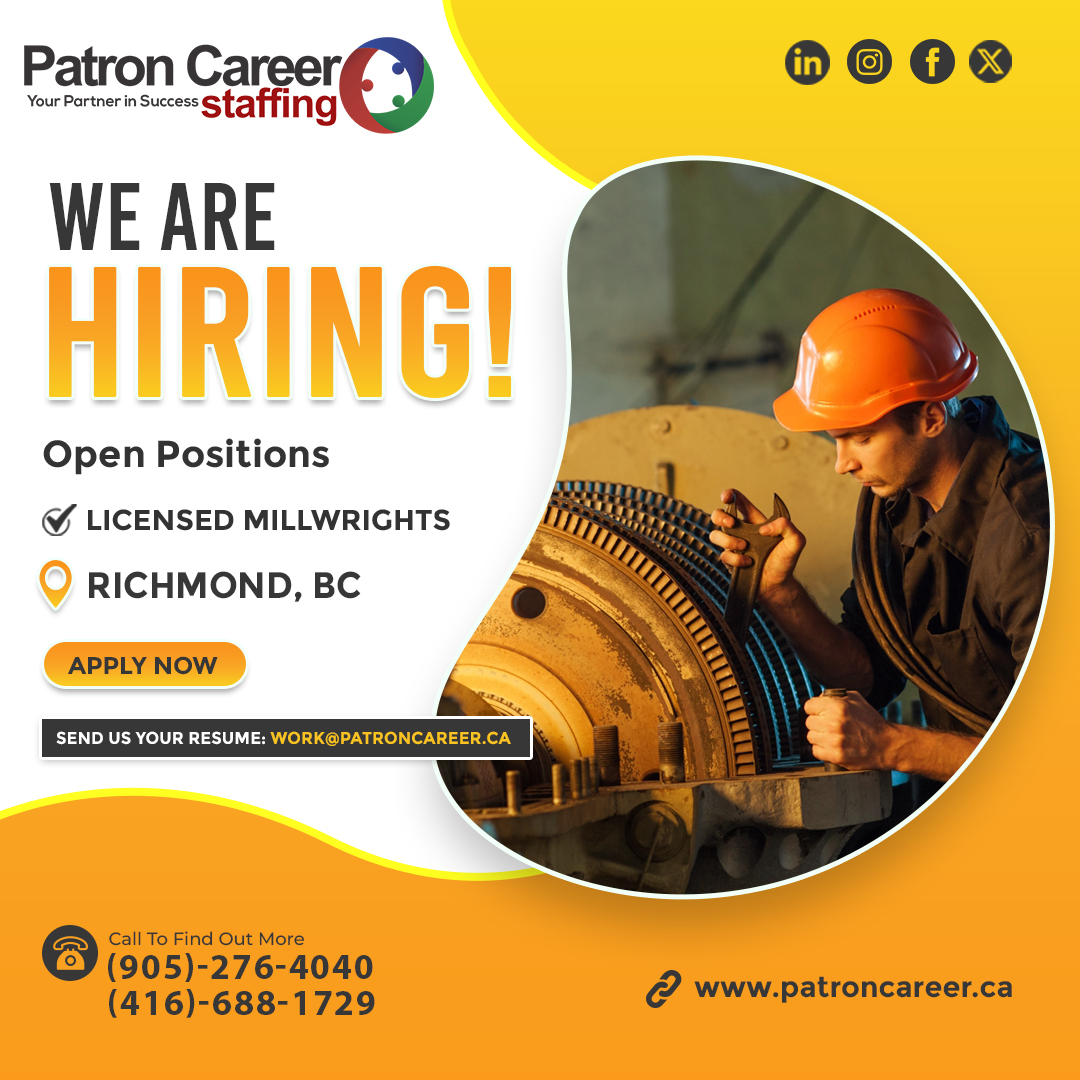 👷We Are Hiring Licensed Millwrights

✅Full-Time Job Opportunity!
✅Location: Richmond, BC

Apply Today: patroncareer.ca/Job_Apply_Form…

Call Now:
(905)-276-4040

Email Your CV: work@patroncareer.ca

#wearehiring #canada #industrialmillwrights #millwright #northYork #nothyorkjobs