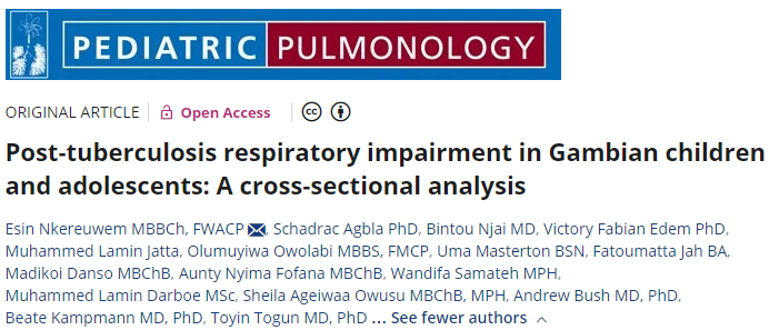 Esin Nkereuwem (@esinofils) on Twitter photo Our new paper in <a href="/PedPulmonol/">Pediatric Pulmonology</a> reveals that children and adolescents still experience reduced lung health even after "successful" #TB treatment. We must prioritise #PostTB care in young people.
<a href="/BeateKampmann/">Beate Kampmann</a> <a href="/TogunToyin/">Toyin Togun, PhD FFPH</a> <a href="/edemvf/">Edem Fabian</a> <a href="/SAOwusu32/">Sheila Agyeiwaa Owusu</a>
Full-text link: bit.ly/4aQ6XvE Our new paper in <a href="/PedPulmonol/">Pediatric Pulmonology</a> reveals that children and adolescents still experience reduced lung health even after "successful" #TB treatment. We must prioritise #PostTB care in young people.
<a href="/BeateKampmann/">Beate Kampmann</a> <a href="/TogunToyin/">Toyin Togun, PhD FFPH</a> <a href="/edemvf/">Edem Fabian</a> <a href="/SAOwusu32/">Sheila Agyeiwaa Owusu</a>
Full-text link: bit.ly/4aQ6XvE