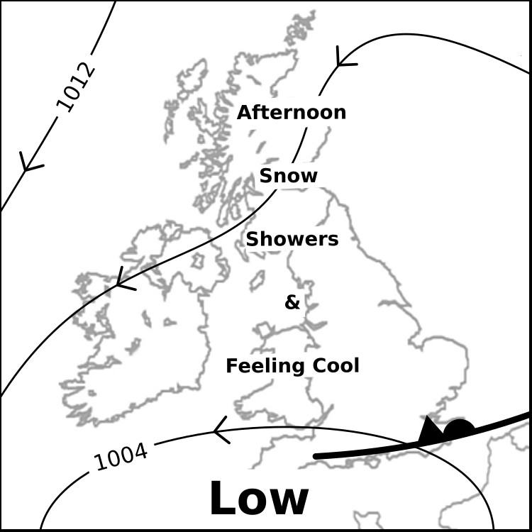 Friday 26 April Light winds but cool or cold feeling across the UK. Any morning cloud will break and lift above summits, but may temporarily re-form during any afternoon showers. Showers on high ground will fall as snow flurries or hail in many regions. Patchwork of sunshine.