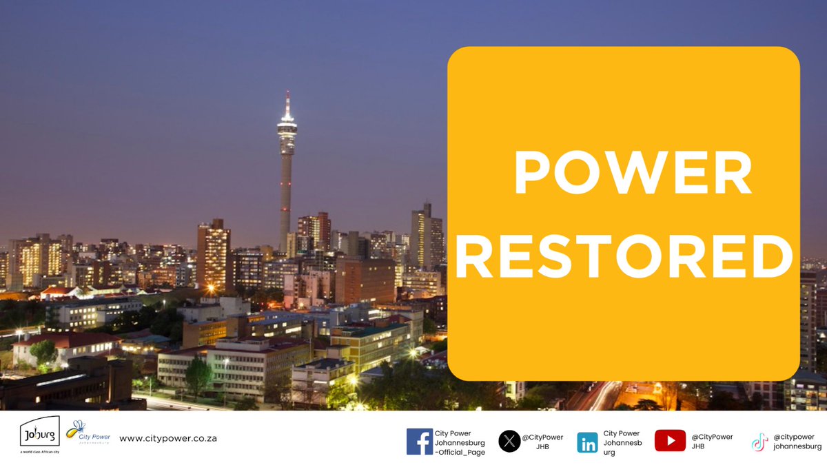 #CityPowerUpdates #CityPowerOutages #RandburgSDC Houtkoppen 88/11kv Substation, Waterford Estate Distributor: Affecting Fourways Estate, Cedar Lakes, Craigavon, and surroundings. Power supply is now fully restored. Customers who are still off are advised to log calls on the