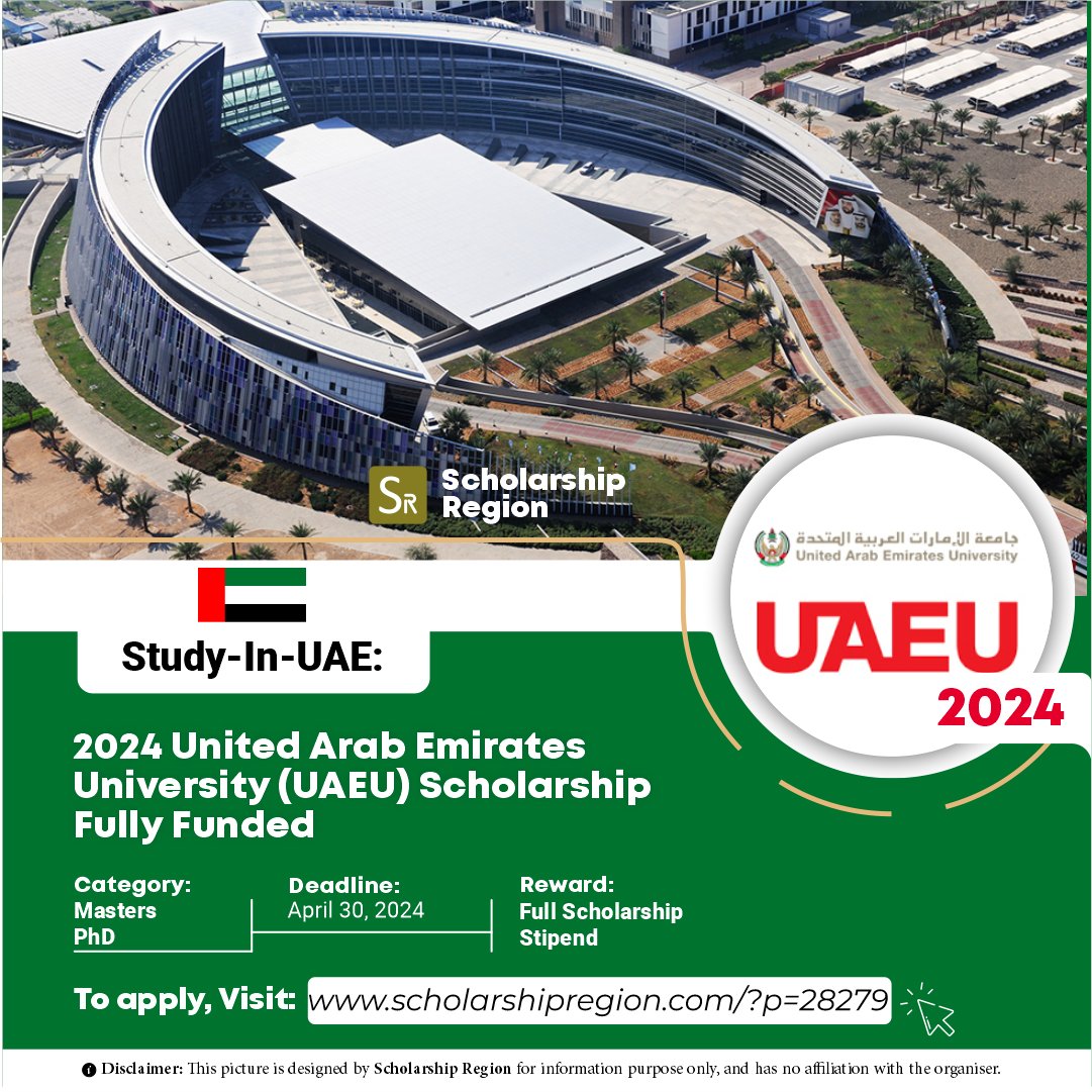 2024 United Arab Emirates University (UAEU) Scholarship | Fully Funded

Country: United Arab Emirates🇦🇪
Benefit:
⭐Full scholarship, Monthly stipend & Health Insurance

Category: Masters & PhD
Eligible: All Countries
Deadline: April 30, 2024

APPLY↙️
scholarshipregion.com/united-arab-em…