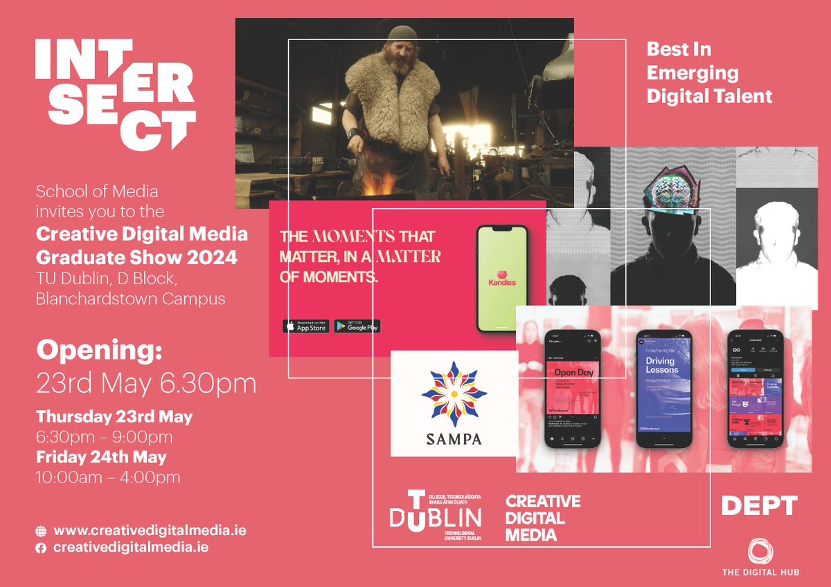 We would like to invite you to the launch of the Creative Digital Media Graduate Show, INTERSECT 2024. Launching Thursday, May 23rd at 6:30pm at the TU Dublin Blanchardstown Campus. Join us for a celebration of the students and their creative journey over the last 4 years.