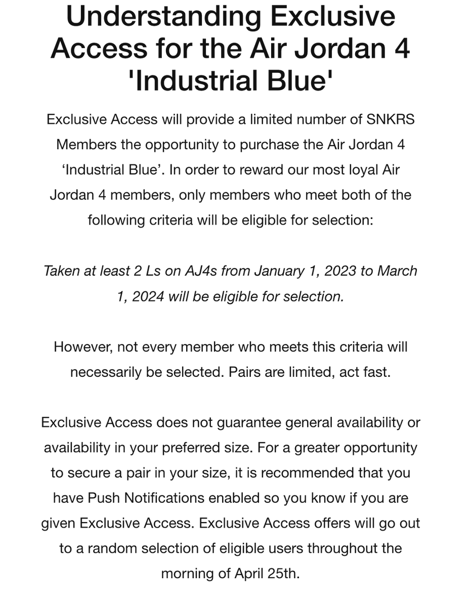 KicksFinder's tweet photo. Ad: REMINDER! Releasing at 12PM EST via SNKRS
Air Jordan 4 "Industrial Blue"
(Exclusive Access)

"In order to reward our most loyal Air Jordan 4 members, only members who meet both of the following criteria will be eligible for selection: Taken at least 2 Ls on AJ4s from January 1, 2023 to March 1, 2024 will be eligible for selection. However, not every member who meets this criteria will necessarily be selected. Pairs are limited, act fast."

Info https://t.co/V7lq8So4yS
Product Page https://t.co/5MuzTe3ixX