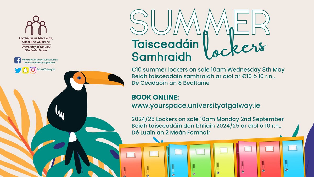 🔐Summer Lockers on sale now for €10 🔗Book online at yourspace.universityofgalway.ie #DoChomhaltas #UniversityOfGalway