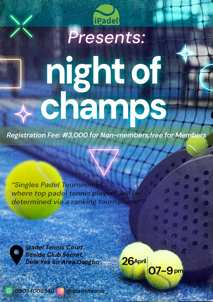 IpadelTennis's tweet photo. Forget Netflix and chill, we've got padel and thrill! Join our night of champions competition for a night of friendly singles tournament , questionable skills, and endless entertainment. Don't miss your chance at glory (and maybe a few epic volleys). #PadelTennis #thursdayvibes https://t.co/K3xmJDaCDl