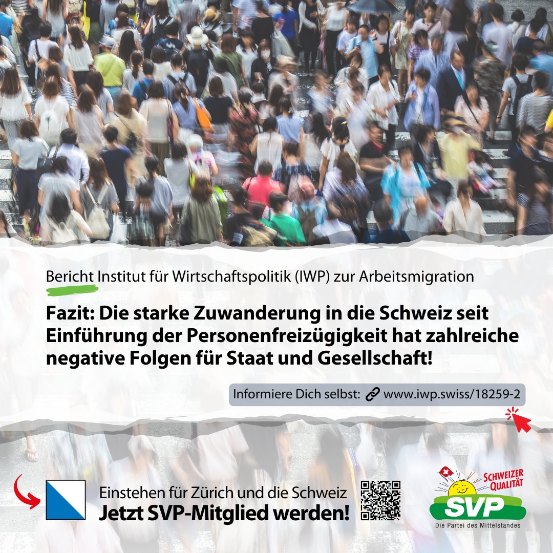 Ein neuer Bericht des IWP zeigt: Die starke Zuwanderung in die Schweiz seit Einführung der Personenfreizügigkeit hat zahlreiche negative Folgen: iwp.swiss/18259-2 Die SVP fordert die Steuerung der Zuwanderung mit der nachhaltigkeitsinitiative.ch. #svpzh @nachhaltigJA