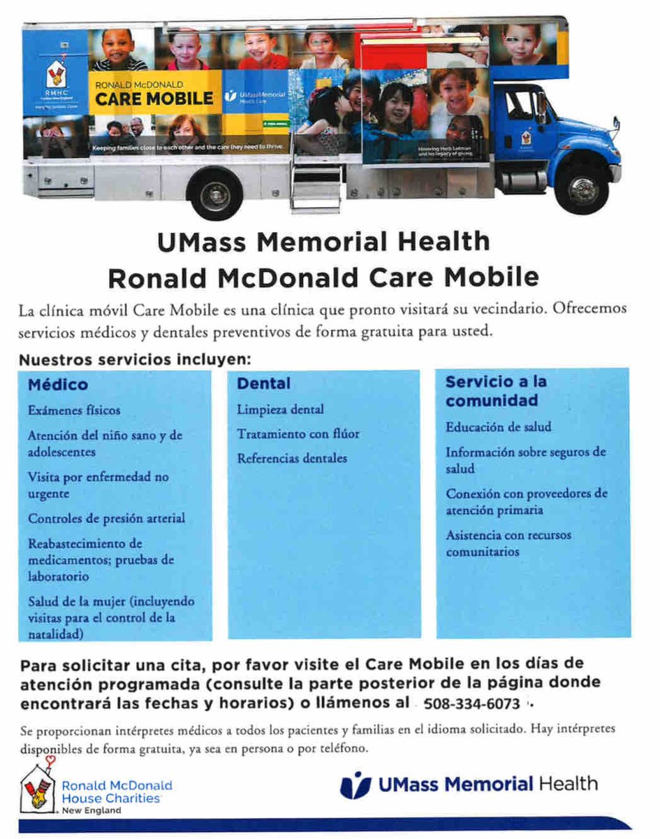 Great news! The @umassmemorial Ronald McDonald Care Mobile will be coming to the Navin Arena parking lot in #Marlborough on Wednesday, May 8 and Wednesday, June 12 from 9am-3pm, offering FREE medical and dental care. Stop by or call 508-334-6073 for an appointment.