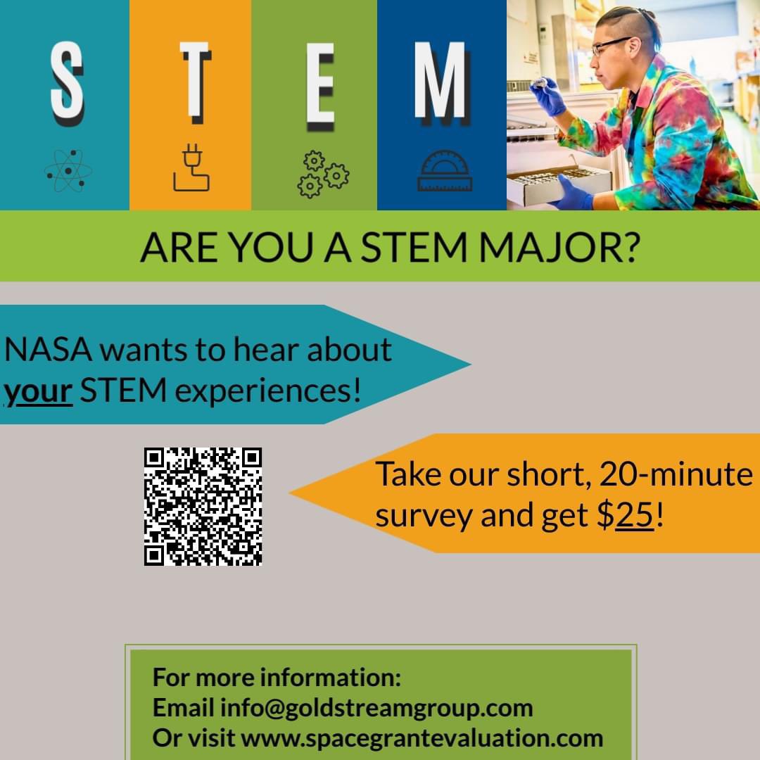 The Goldstream Group, the Space Grant program's evaluator, is looking for comparison students to take a 20-minute survey over your recent STEM experiences. This survey is only for STEM students who are NOT receiving Space Grant funding.