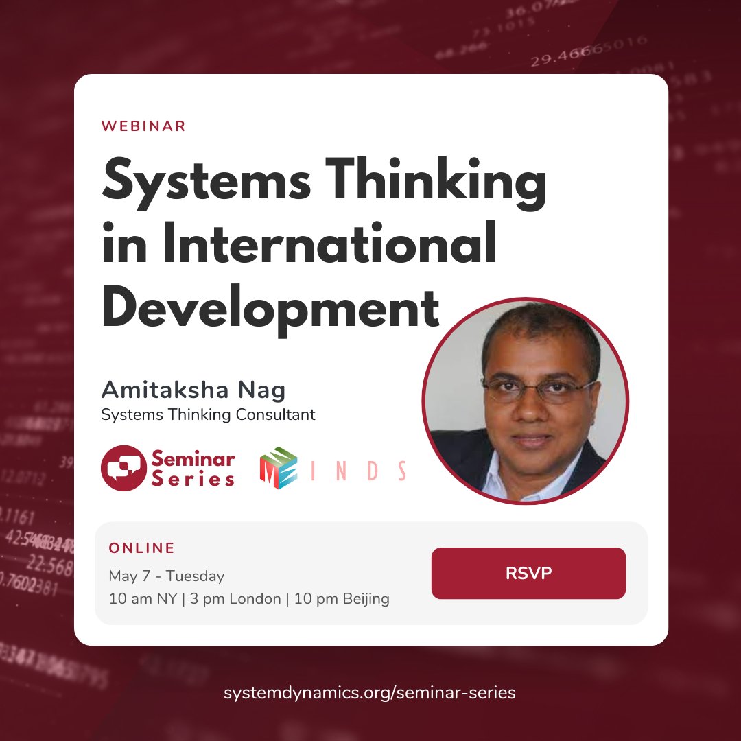 📣 FREE EVENT! ▶️ #SystemsThinking Application in International Development with Amitaksha Nag

📅 May 7 @ 10:00 AM - 11:00 AM NY Time
🔗 RSVP: ow.ly/a0RQ50RoaRy
🎥 Upcoming Seminar Series: ow.ly/qZ5j50RoaRz 

#SystemDynamics #SeminarSeries
@sd_minds