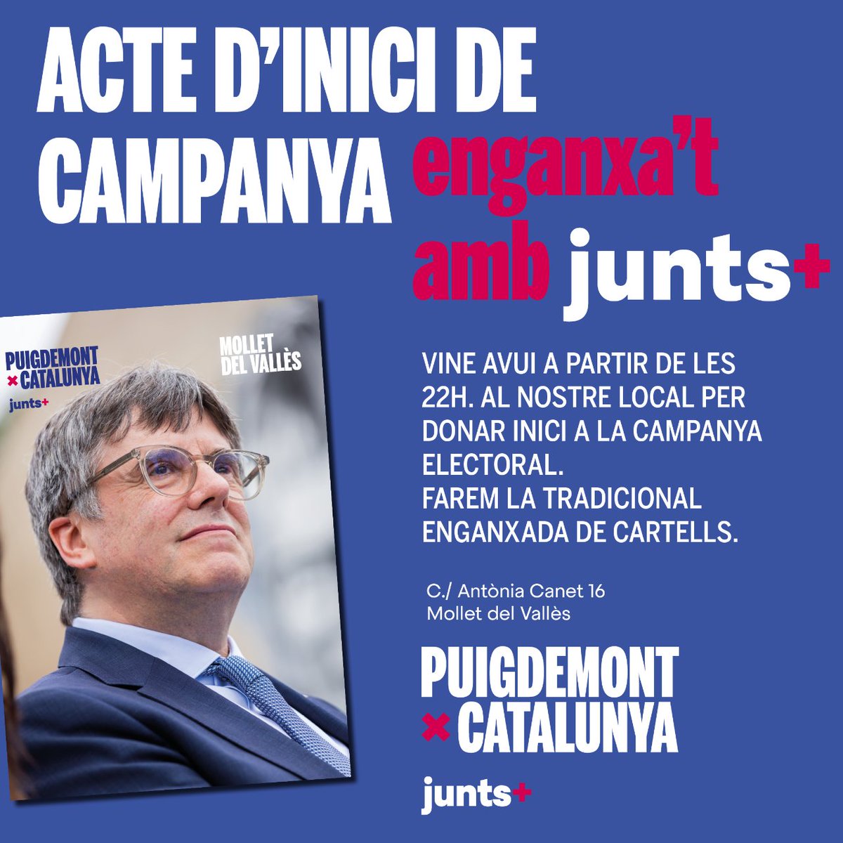 🚀 Comença la campanya amb #puigdemontpresident  a #MolletDelVallès! 🎉

🗓️ AVUI!
⏰ A partir de les 22h
📍 C/ Antònia Canet 16

Uneix-te a la tradicional enganxada de cartells i dona suport a la nostra iniciativa.
#IniciCampanya #JuntsPerCatalunya