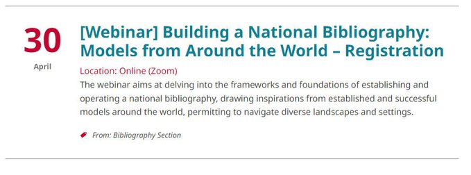 5 days to go! @IFLA Bibliography Section is holding a free webinar on Tuesday 30 April 2024 on the practicalities of building a national bibliography, exploring successful models from around the world. Join us for valuable insights by registering here: ifla.org/events/webinar…