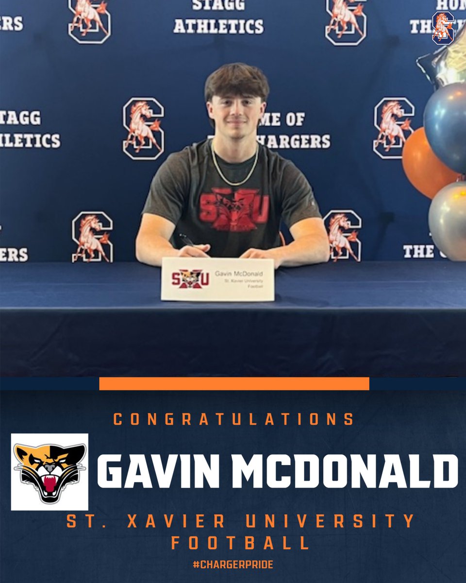 Congrats to Gavin McDonald for signing at SXU for Football! #chargerpride @AAStaggFootball @StaggHighSchool