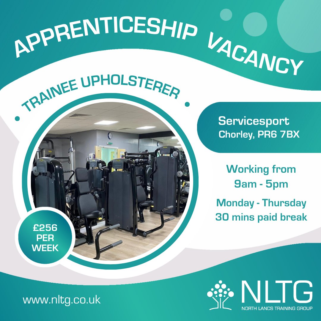 💥 New Apprenticeship Vacancy... Trainee Upholsterer @Servicesport in Chorley! 💥

Check out the job description and apply online today (Vacancy Reference No: 14620) 👇

nltg.co.uk/job/2-323/

#chorleyjobs #jobschorley #apprenticeships #apprentices #chorley #lancashire