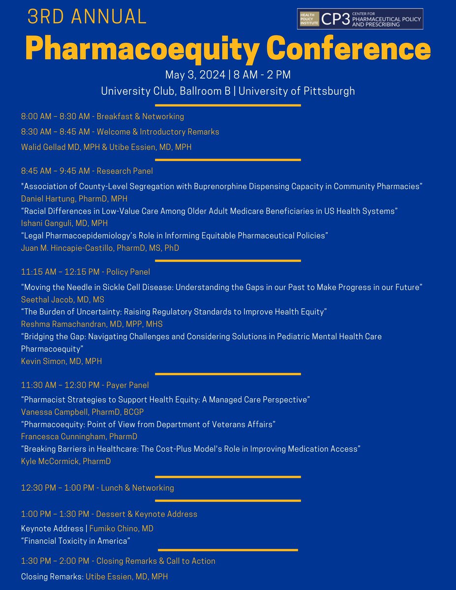 One week left to register for #Pharmacoequity2024! No other conference gives you the opportunity to learn from and network with international leaders in providing solutions to equitable medication access. Join us next week! Registration is free! calendar.pitt.edu/event/3rd_annu…