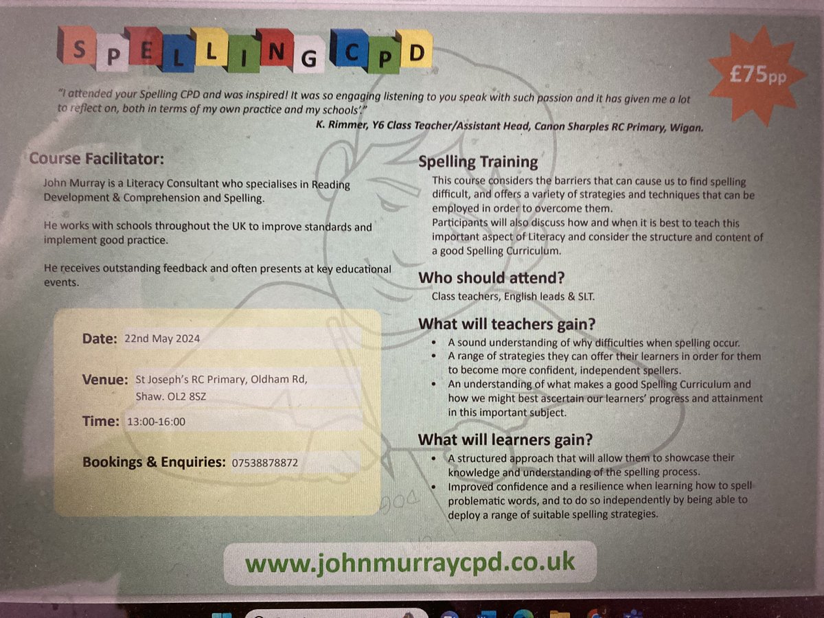 Calling all teachers in Oldham (or nearby). 

I'm running some SPELLING TRAINING In May. 
Details below.

Lots of tricks, tips and strategies you can teach your Ls when they come across a word they find difficult to spell. 

Practical, engaging and genuinely useful!

<a href="/gazneedle/">Gaz Needle</a>