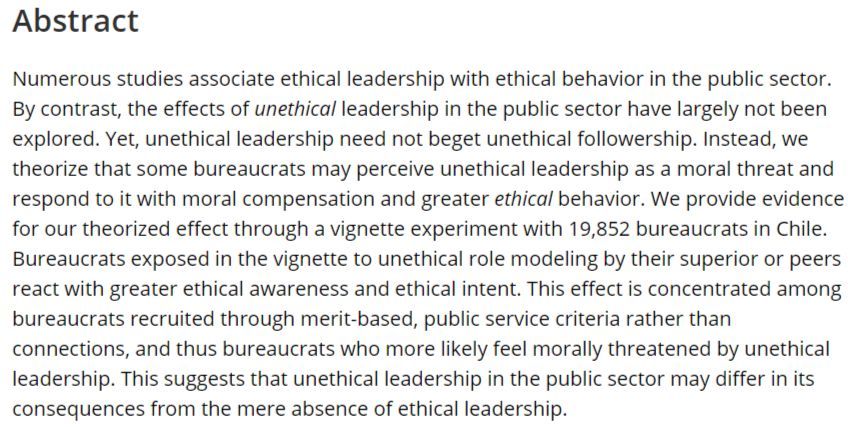 New #openaccess in PAR: Unethical leadership, moral compensation, and ethical followership: Evidence from a survey experiment with Chilean public servants by @cschusterUCL, @jafuenza, @SassMikkelsen, and Jan-Hinrik Meyer-Sahling: buff.ly/3xSNmMX