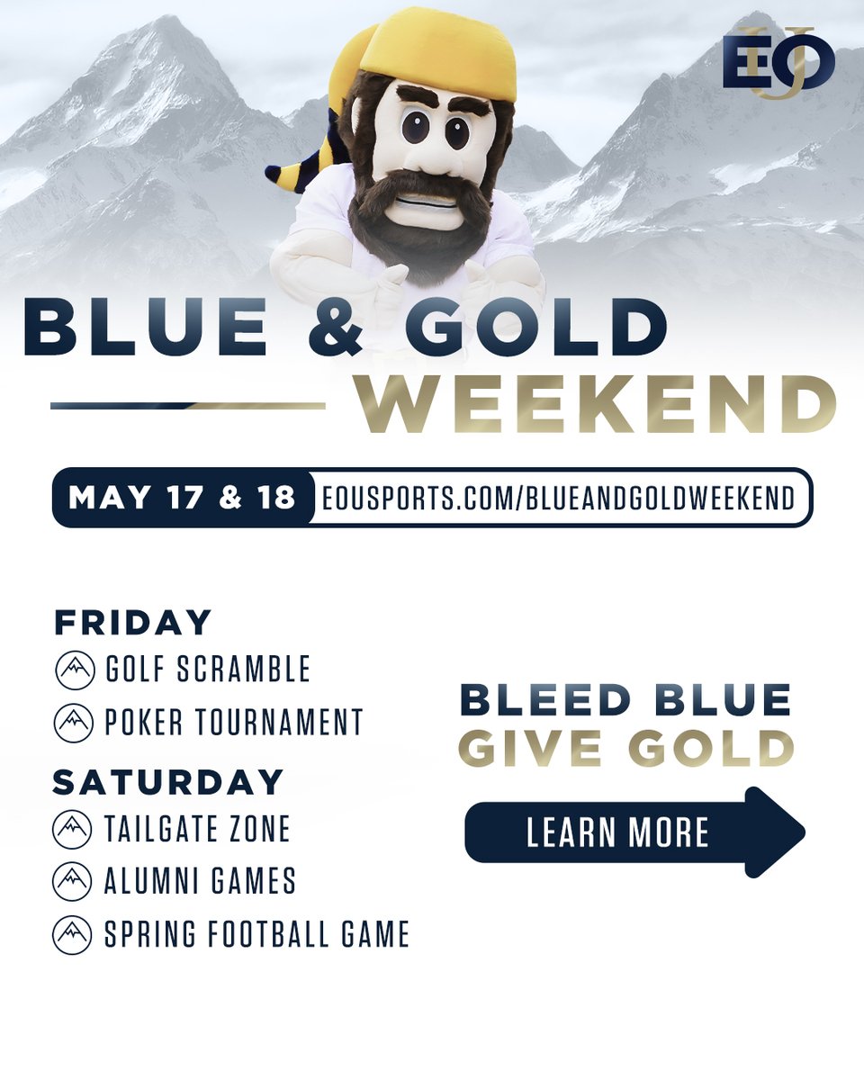 EOUAthletics's tweet photo. 𝙈𝘼𝙍𝙆 𝙔𝙊𝙐𝙍 𝘾𝘼𝙇𝙀𝙉𝘿𝘼𝙍𝙎 🗓️

The fourth annual Blue &amp; Gold Weekend is right around the corner! Join us for an action-packed weekend and help the team of your choice meet their fundraising goals!

#MountUp | #BlueAndGoldWeekend | #BleedBlueGiveGold https://t.co/GO32HSP2uc