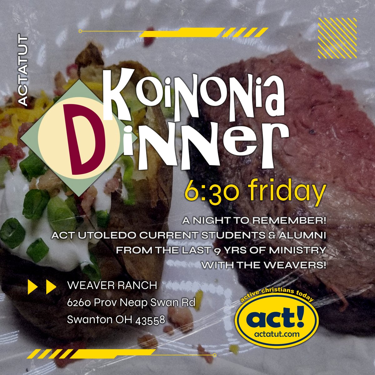 actatut's tweet image. It's almost here... come and celebrate at the Weaver Ranch 6:30 tomorrow (Friday)! We will share in the blessings and joy and enjoy a prime rib dinner (bring a side / dessert to share). God has blessed and we want to share the joy! actatut.com