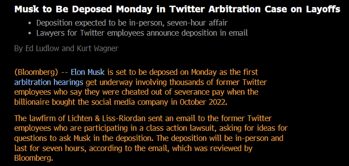 New: Elon Musk will be deposed on Monday as part of the arbitration hearings involving thousands of former Twitter employees. The deposition will be in-person and last for seven hours, according to an email sent to former employees. Story w/ @EdLudlow