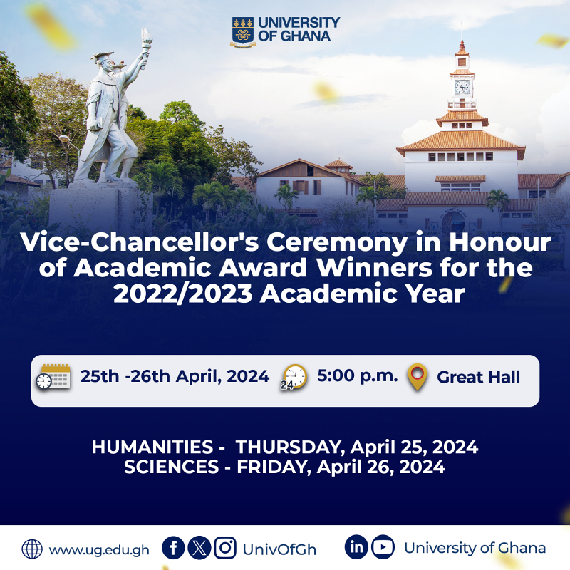 UnivofGh's tweet photo. Happening this evening is Day 1 of the Vice-Chancellor's Ceremony in Honour of Award Winners for the 2022/2023 Academic Year.

You are invited to join the event online here:
https://t.co/eWejSYu547

#IntegriProcedamus
#UGIS75 https://t.co/PTHdgrtsnV