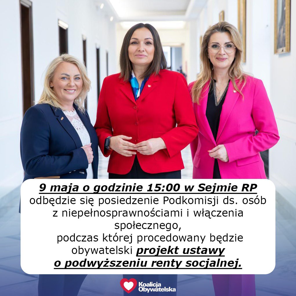 9 maja podczas sejmowej podkomisji ds. osób z niepełnosprawnościami i włączenia społecznego będzie procedowany obywatelski projekt ustawy o podwyższeniu renty socjalnej. @MWielichowska