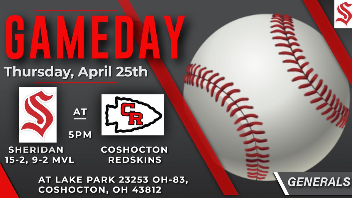 Generals (15-2) travel to Coshocton's Lake Park today to take on the Redskins. First pitch 5:00pm. There is no JV game today @SamBlackburnTR @brandonhannahs @StoriedRivals @WHIZscores @PCTsports