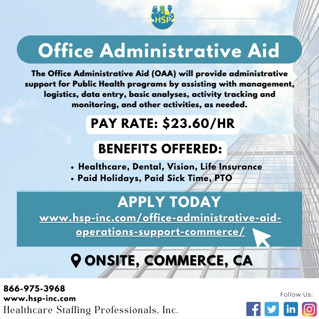 Step up your career with HSP!🌟 We are hiring an Office Administrative Aid to support vital programs in Commerce, CA. 📊 This full-time position offers $25.04/HR and full benefits. Apply today at apply@hsp-inc.com. #OfficeJobs #NowHiring #JoinOurTeam