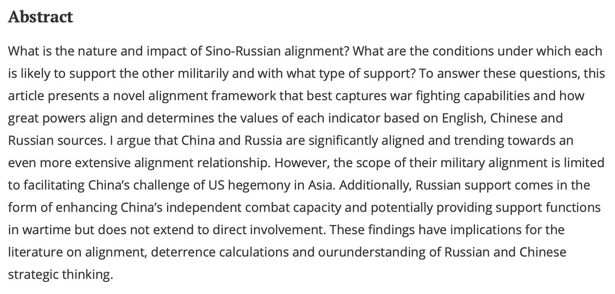 My latest article in @SecStudies_Jrnl, where I contend that China & Russia are deeply aligned and moving toward an even closer relationship. However, their military cooperation primarily aims to support China's challenge of US hegemony in Asia. Read here: doi.org/10.1080/096364…