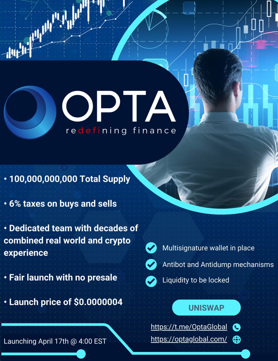 Big_dreamer04's tweet photo. #OPTA #OptaGlobal #OptaArmy #RedefiningFinance
A safe investment that offers early entry still. Opta global will soon be listed and we will enjoy big price movement.
Fully doxxed devs
Locked liquidity
Multi-sig wallet
Utility under way
Marketing plan
https://t.co/QkJvUzaSPx https://t.co/1BS4QMSorZ