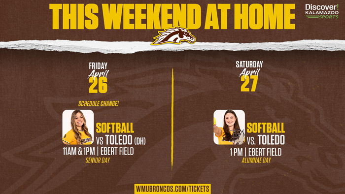 Join @WMUSoftball this weekend at Ebert Field! Please note the schedule update, as Friday will be a doubleheader beginning at 11AM. #BroncosReign