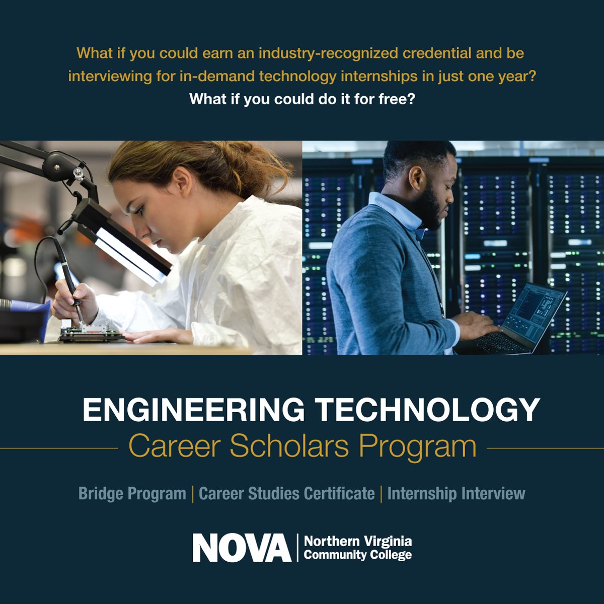 HUGE opportunity for graduating HS seniors, and non-traditional first-time college students looking to start a career in Engineering Tech or Data Center Ops. @NOVAcommcollege is offering a FULL 1-YEAR credential-earning program for FREE! Apply by May 7 at iet.novastem.us/ETCareerScholar